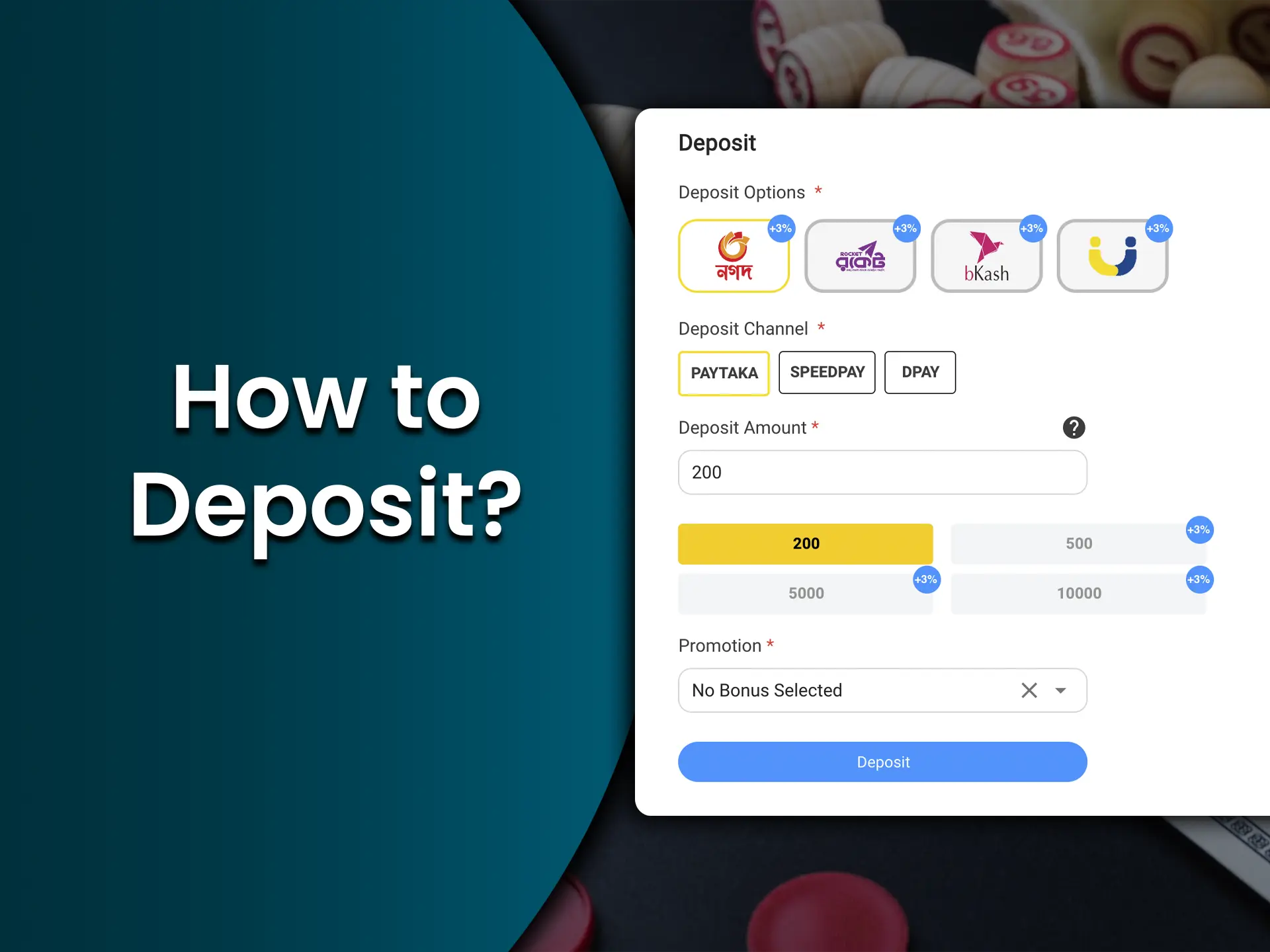 Use popular deposit methods and get an extra bonus.