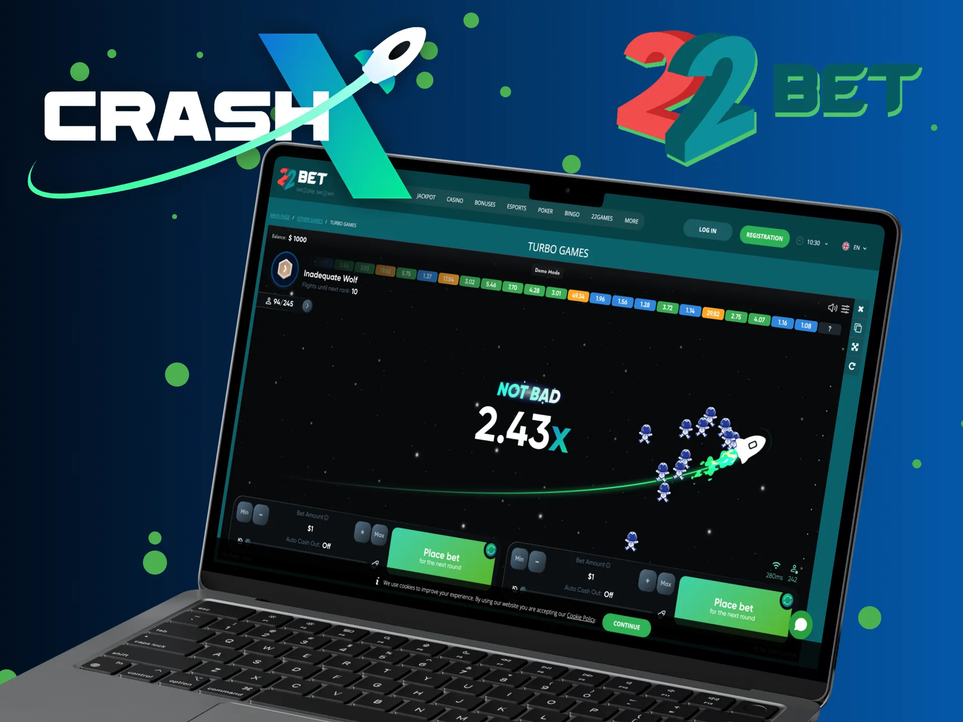 Get unforgettable experience with 22Bet playing CrashX.