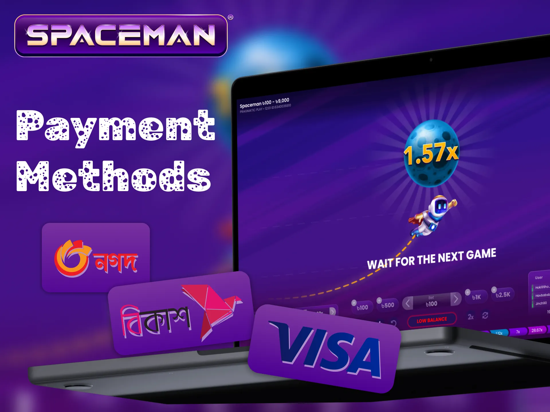 Fund your account with a variety of payment methods for Spaceman.