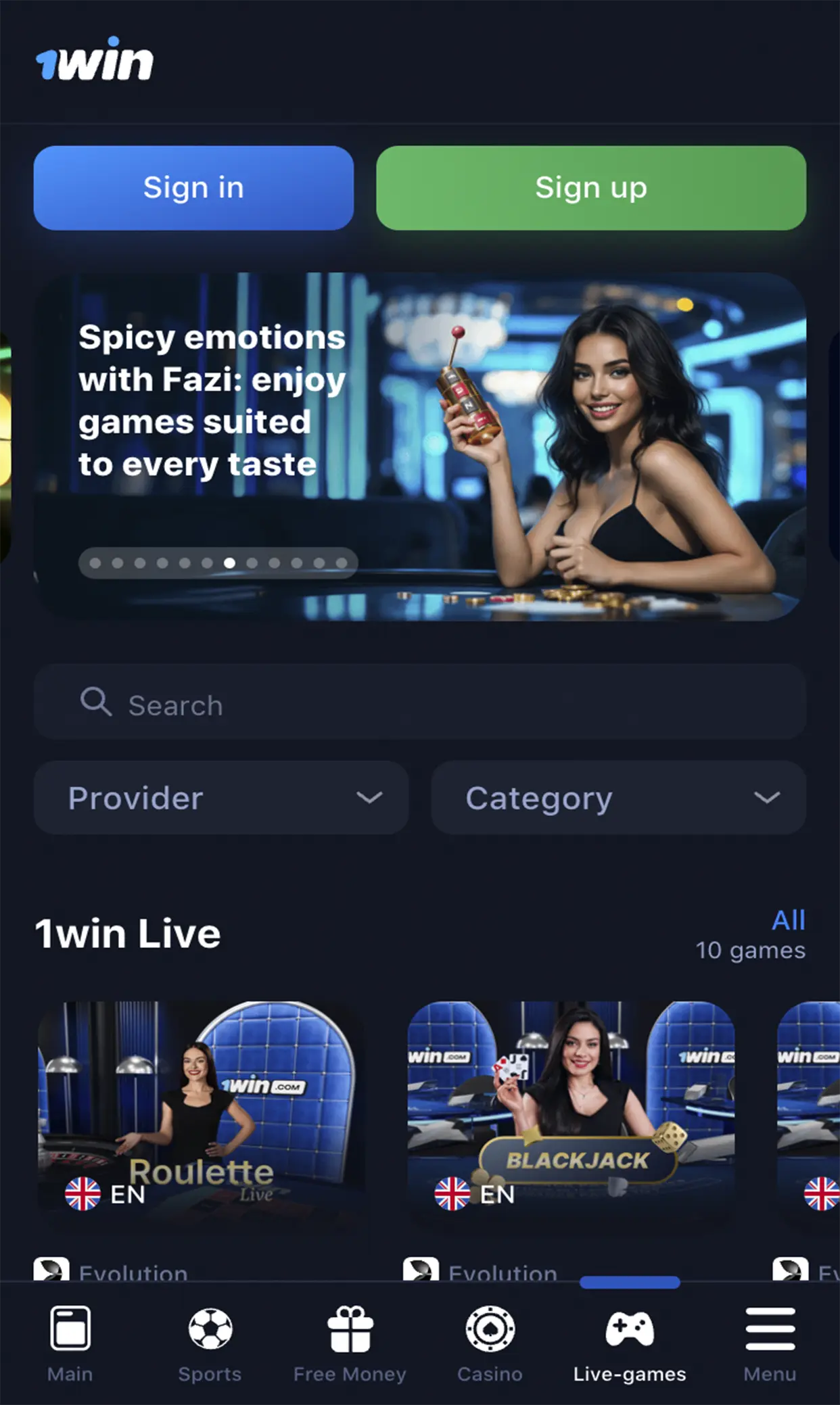 Live casino and games on the 1Win app.