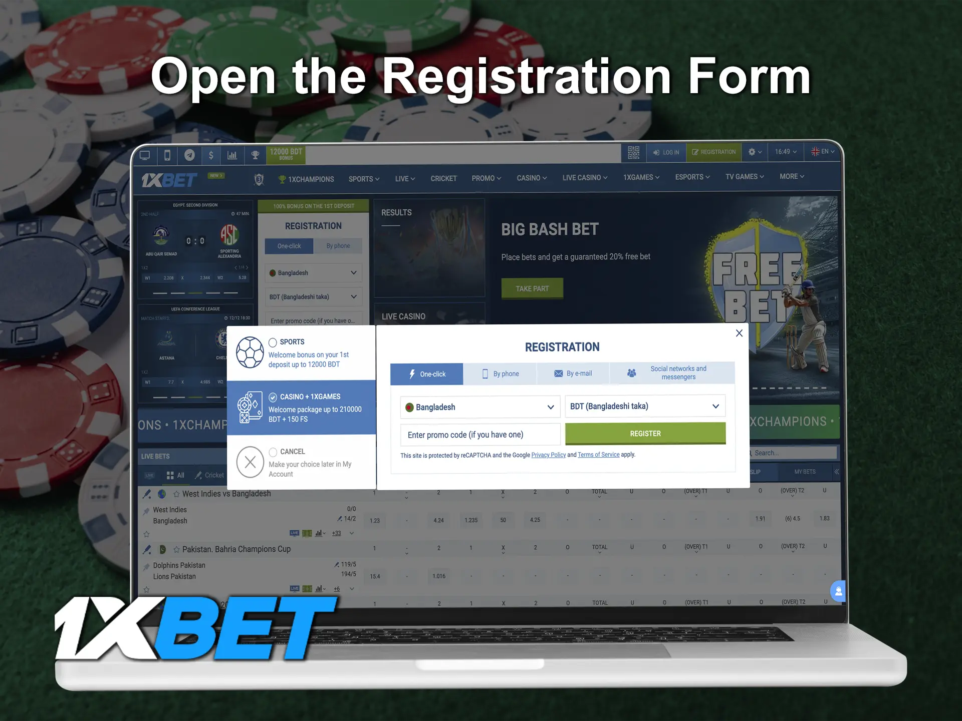 Launch the button with registering an account at 1xBet casino.