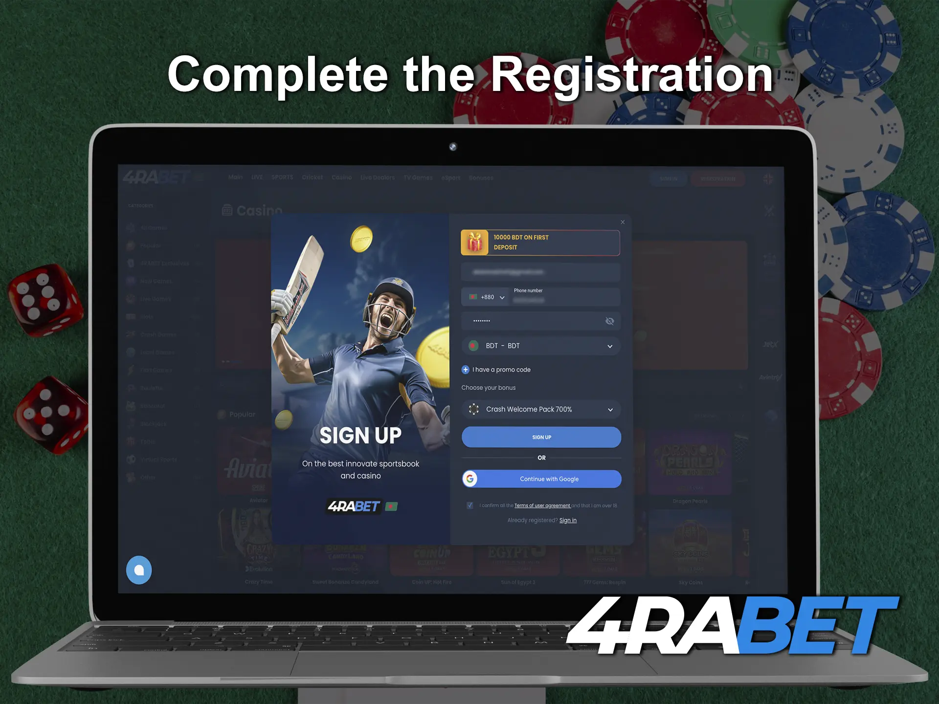 Complete your registration and proceed to the deposit section at 4Rabet Casino.