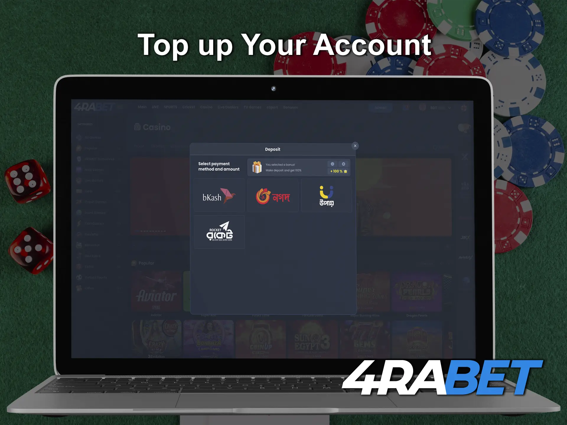 Determine the amount you need and make your first deposit at 4Rabet Casino.