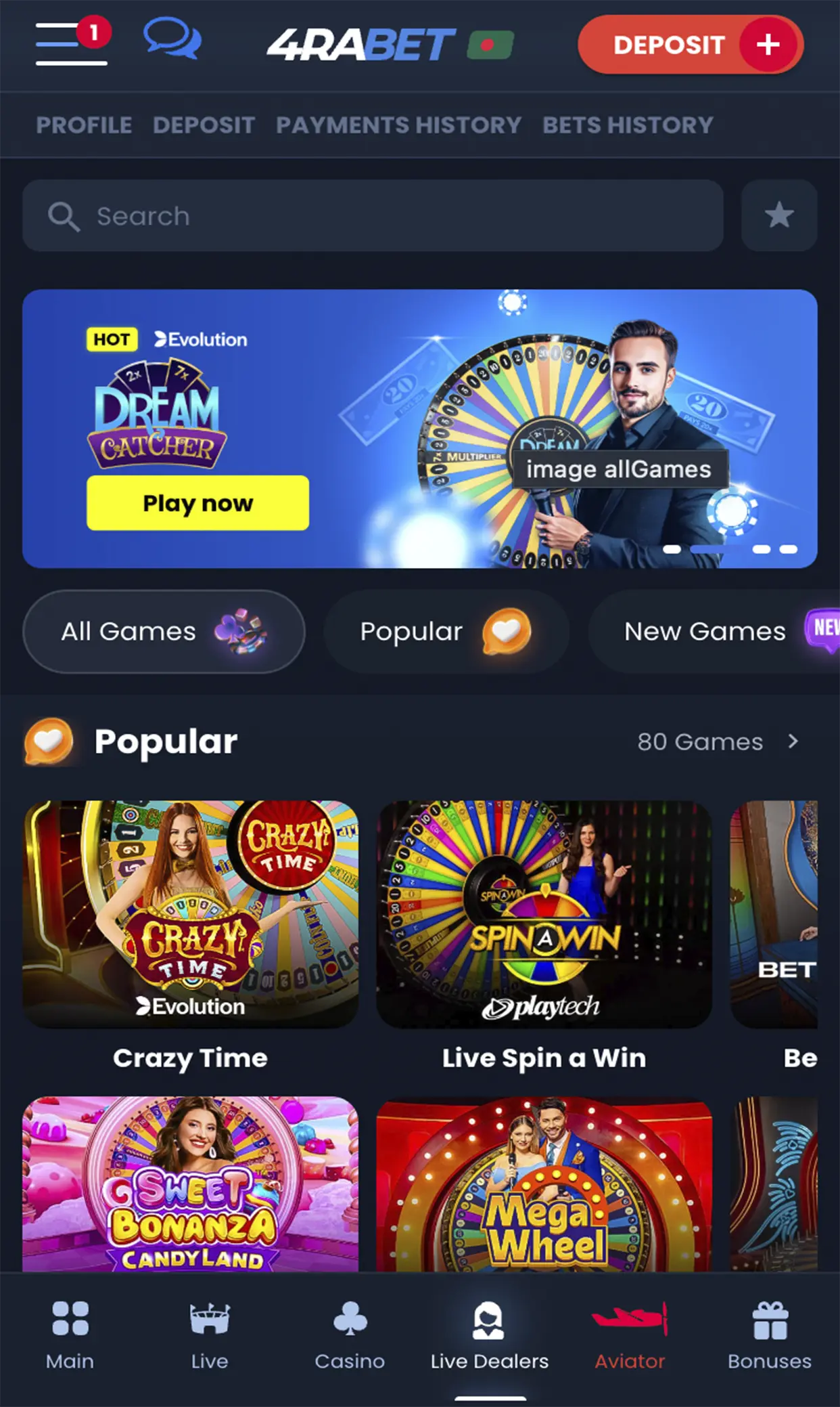 Popular live casino games from 4Rabet.