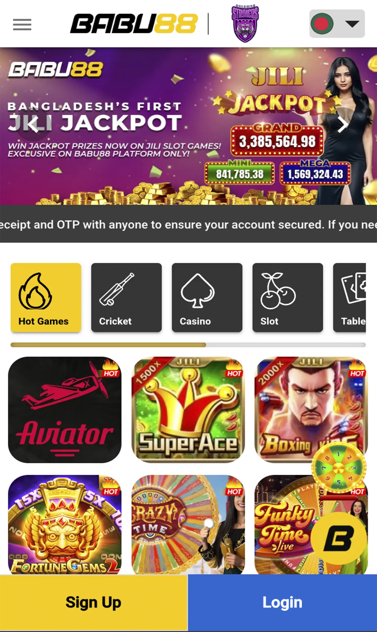 The in-app start page from Babu88 Casino.