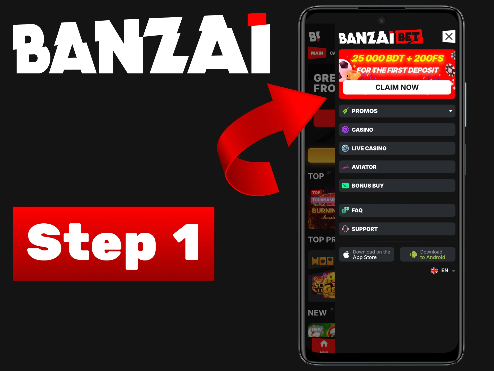 Open the main menu of the Banzai casino website.