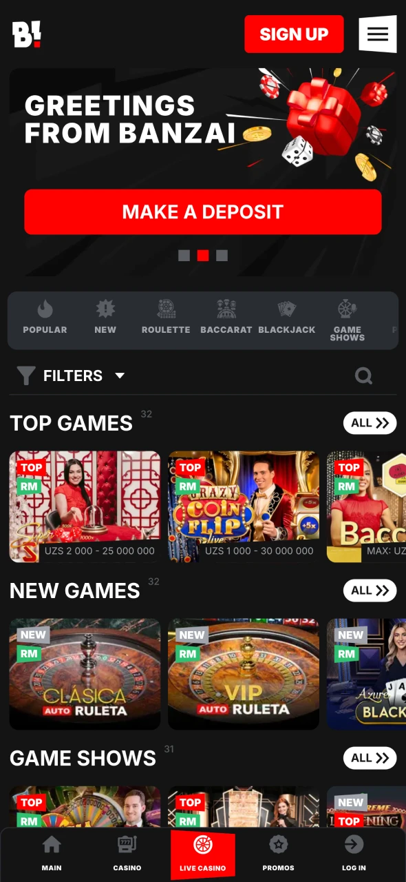 Enjoy live casino games on Banzai application.