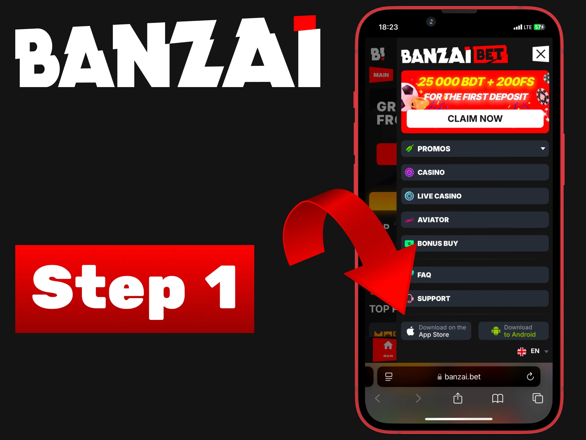 Open the main menu of the Banzai Casino platform.