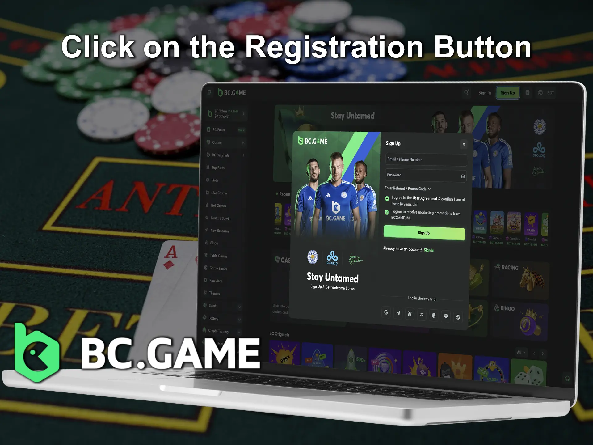 Select the button to register an account with BC Game.