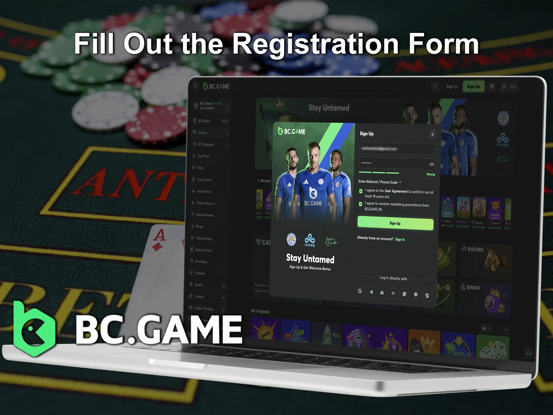 Fill out the form to register an account with BC Game.