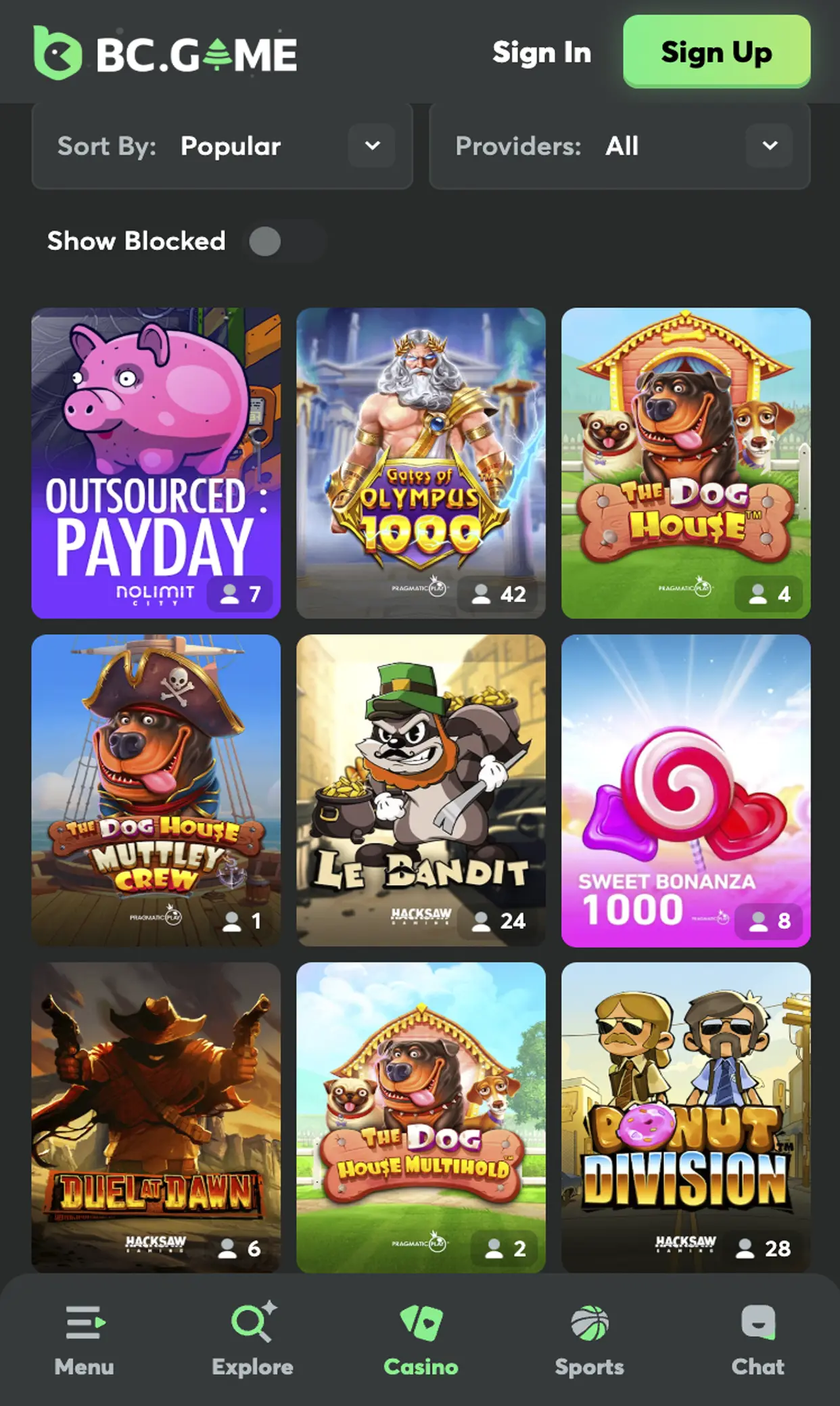 Casinos and slots in the BC Game app.