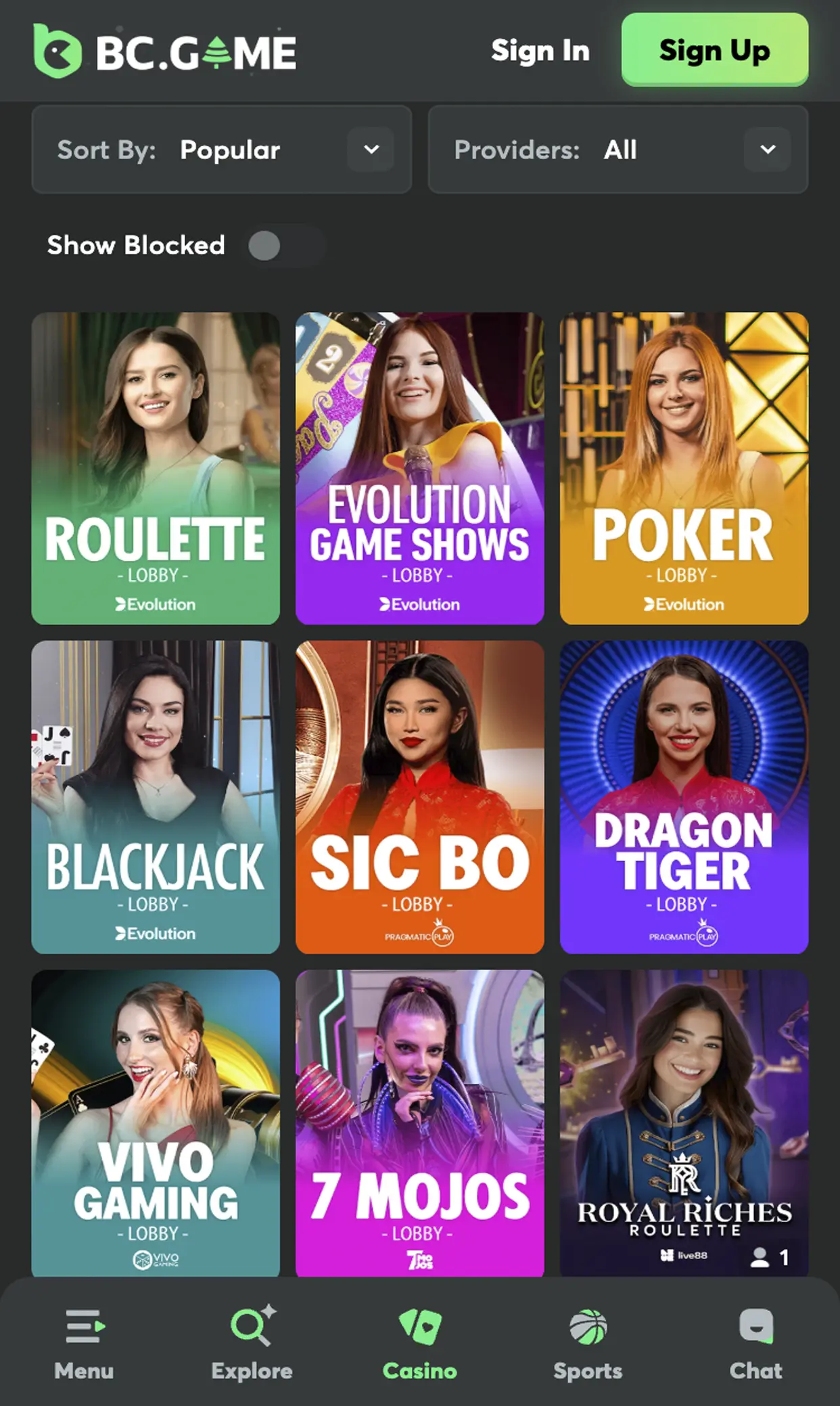 Live casino in the BC Game application.