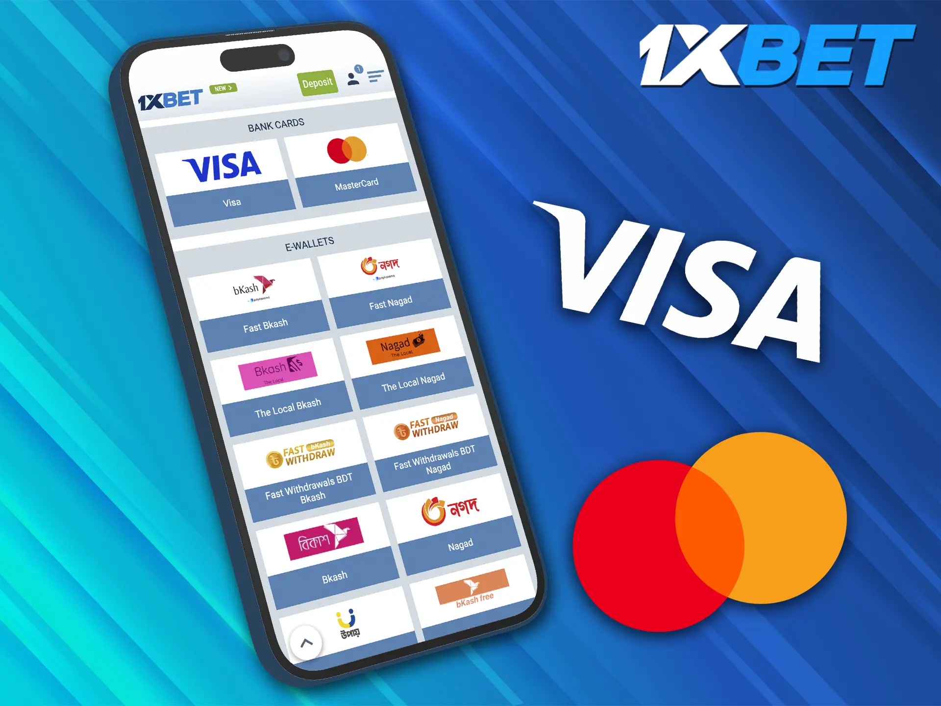 Use Visa and Mastercard to instantly withdraw your winnings from 1xBet Casino.