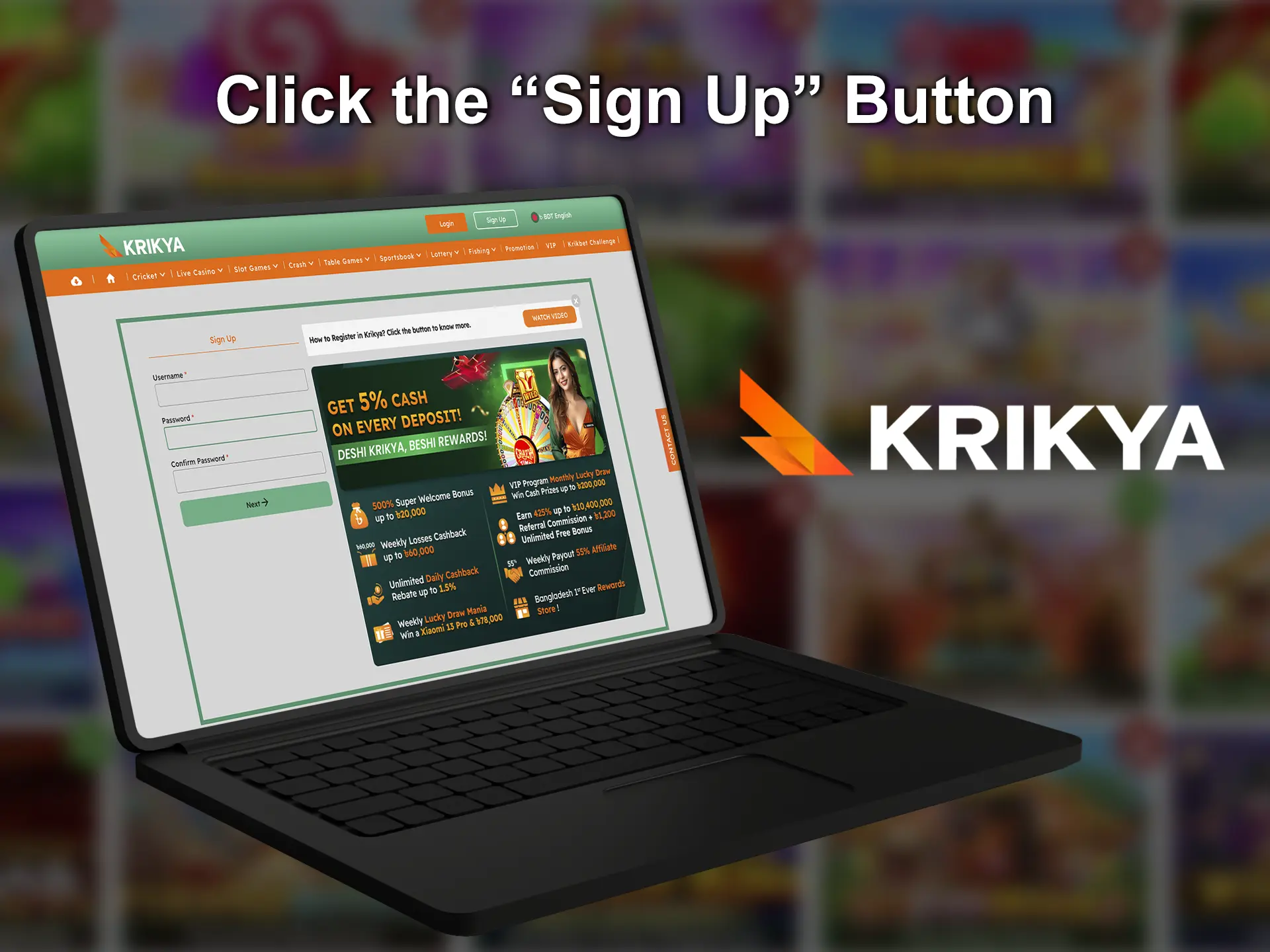 Launch the form to sign up for an account at Krikya Casino.