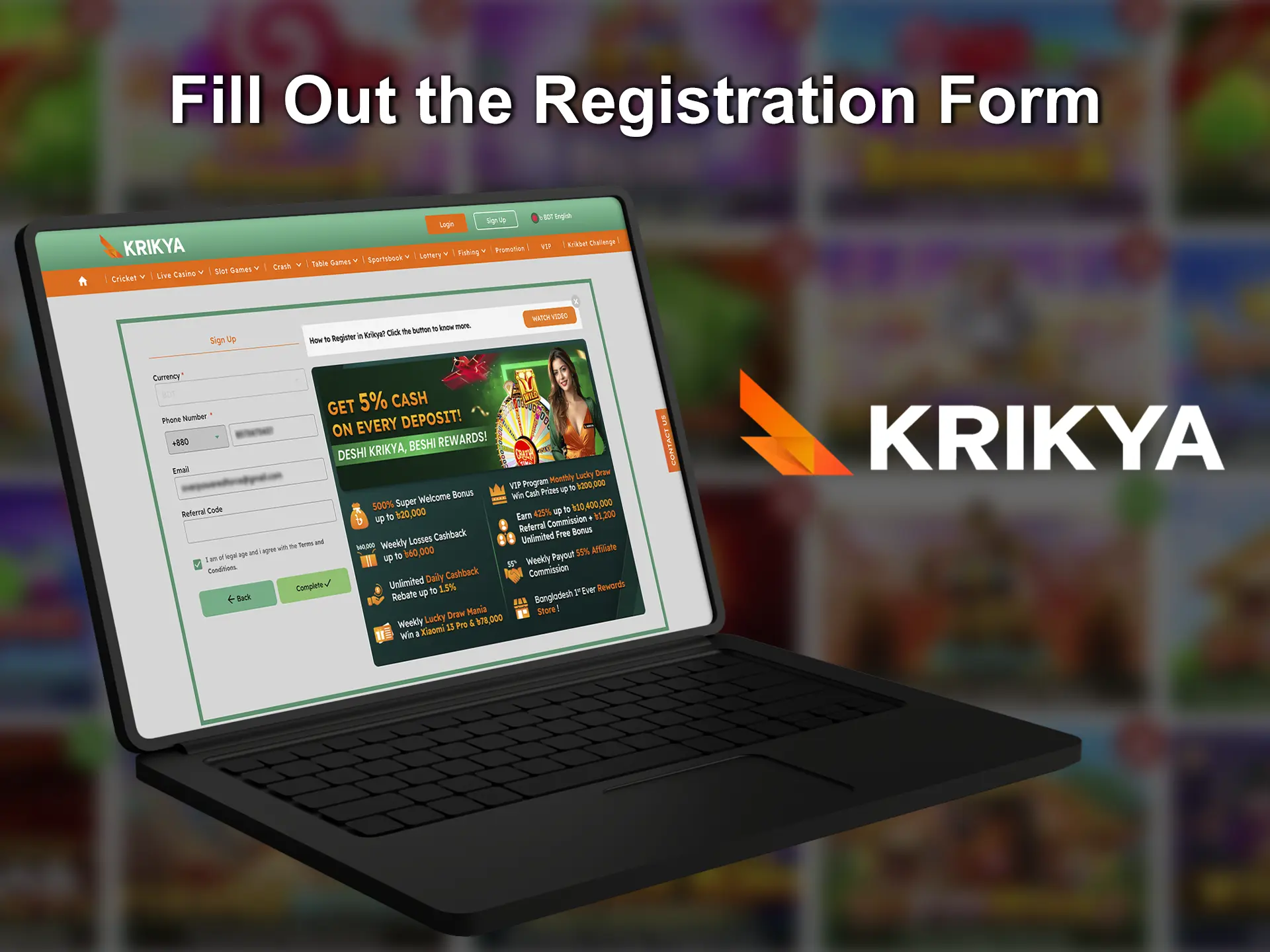 Enter only valid information when registering at Krikya casino.