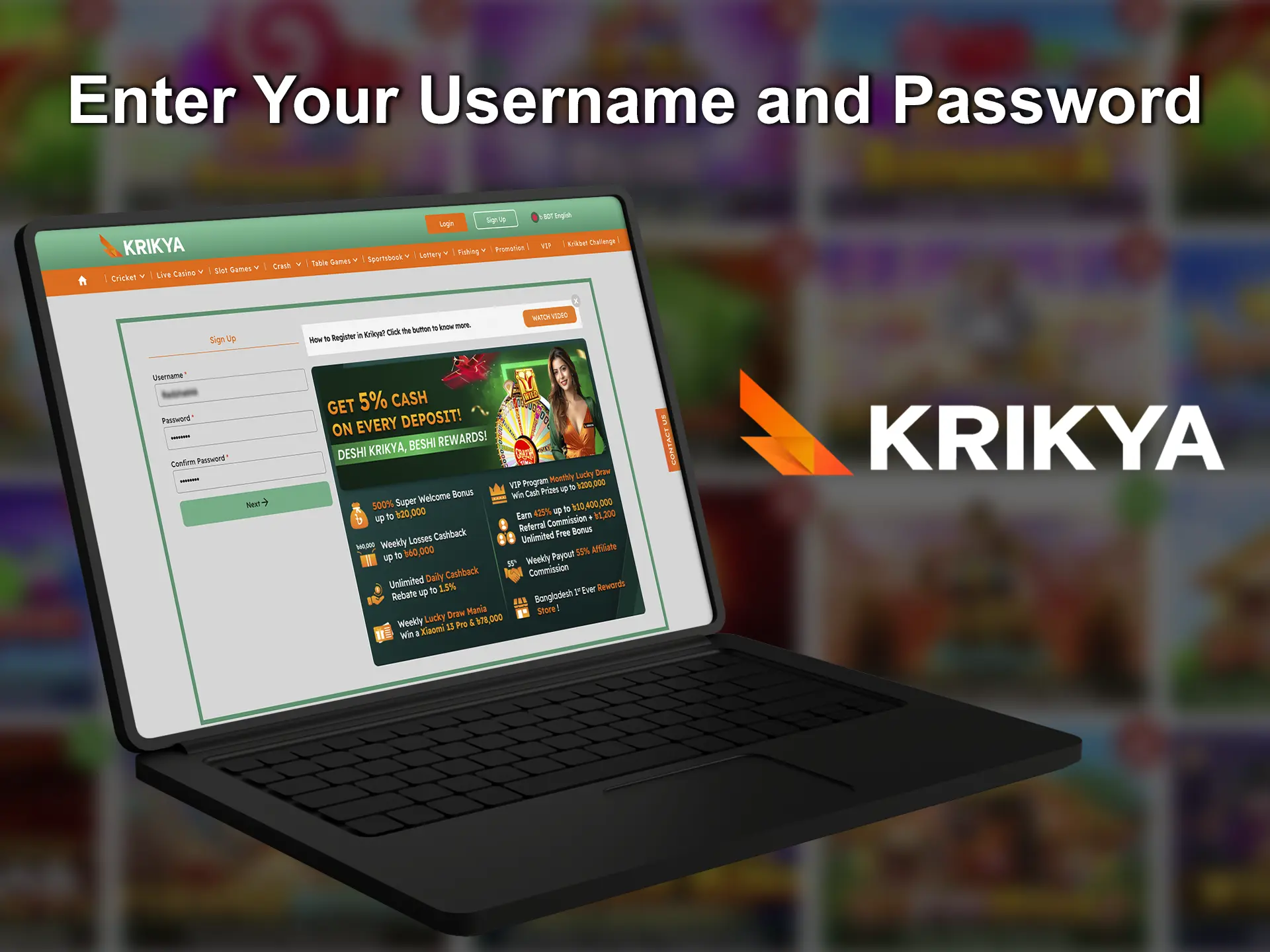 Think of and enter a strong password when you register with Krikya.