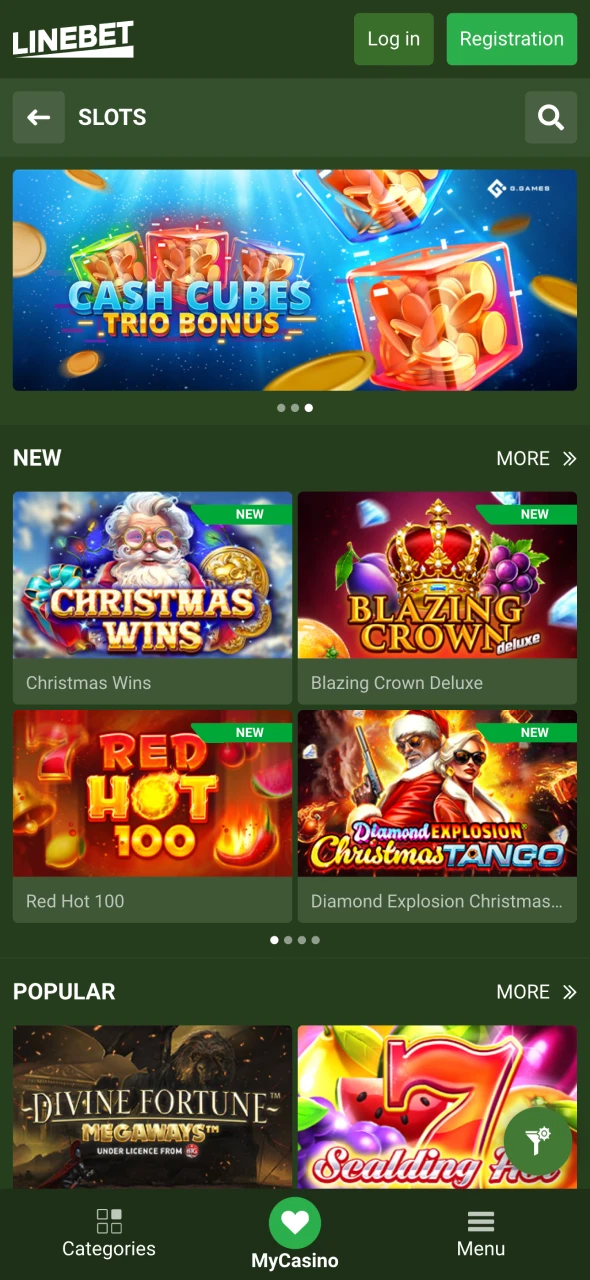 You can find casino section on Linebet app.