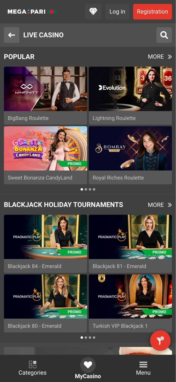 Find live casino section on Megapari app.