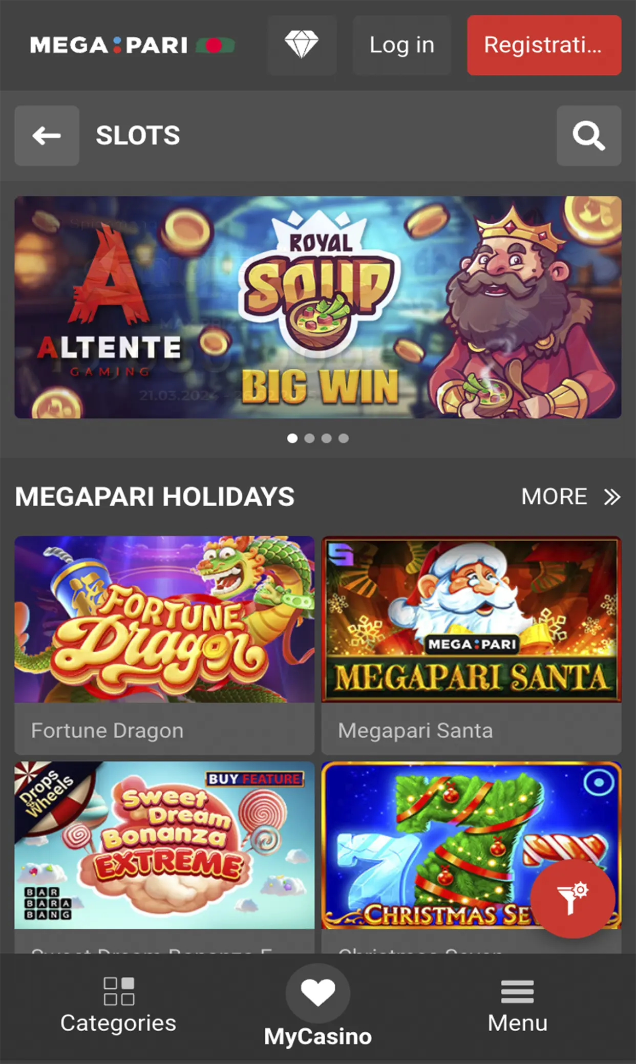 A page with popular slots on the Megapari app.