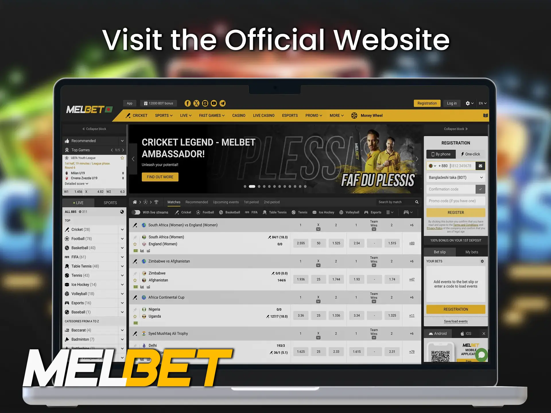 Enter the Melbet website address in your browser.