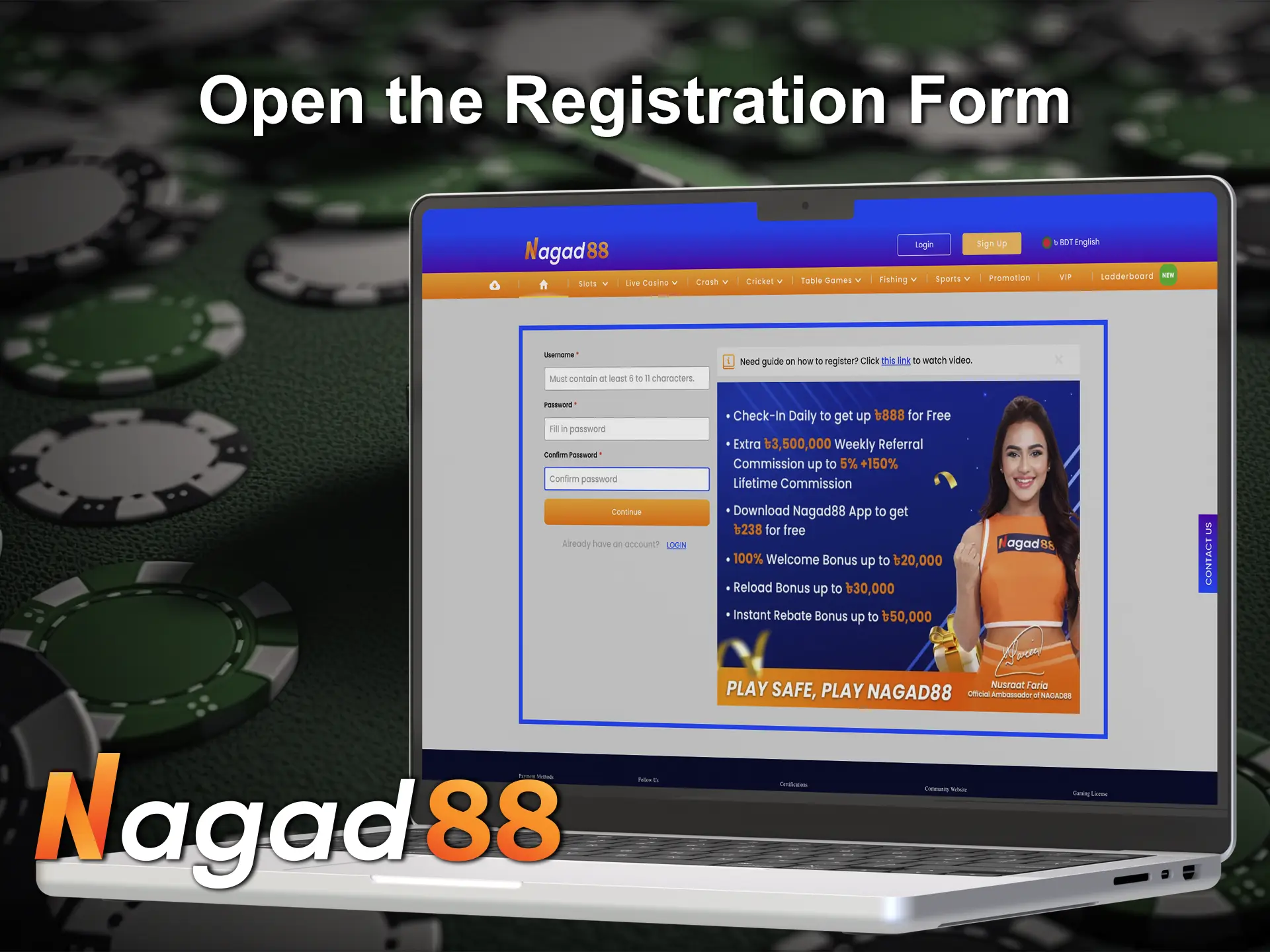 Open the tab with the registration form at Nagad88 Casino.