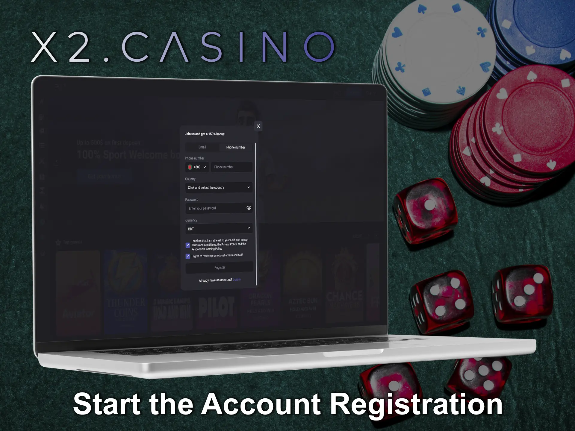 Launch the tab with a quick account registration at X2 casino.