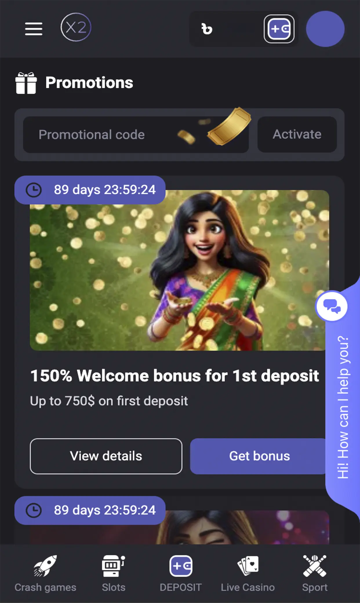 Available promotions and bonuses from X2 Casino.