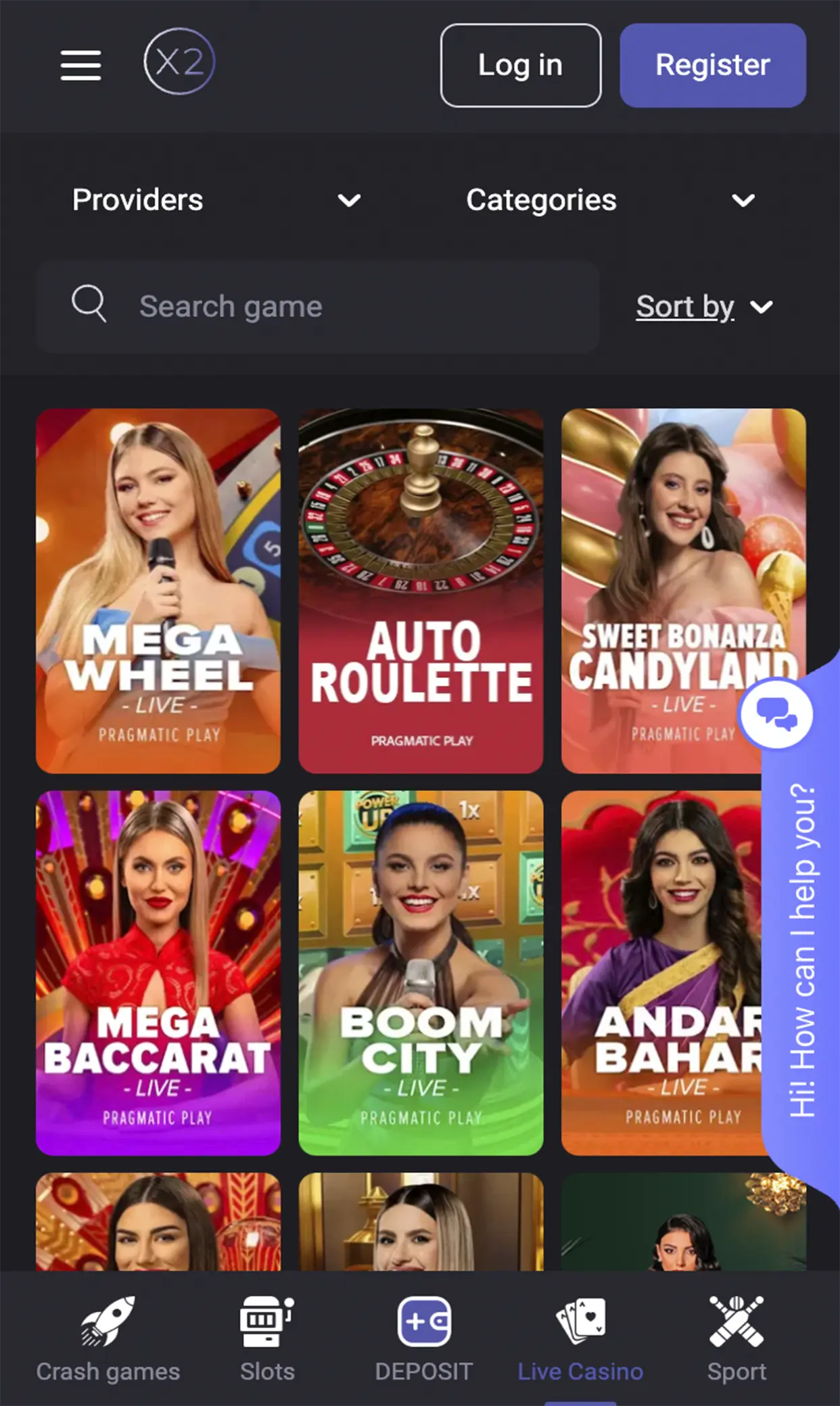 Live casino games available on the X2 app.