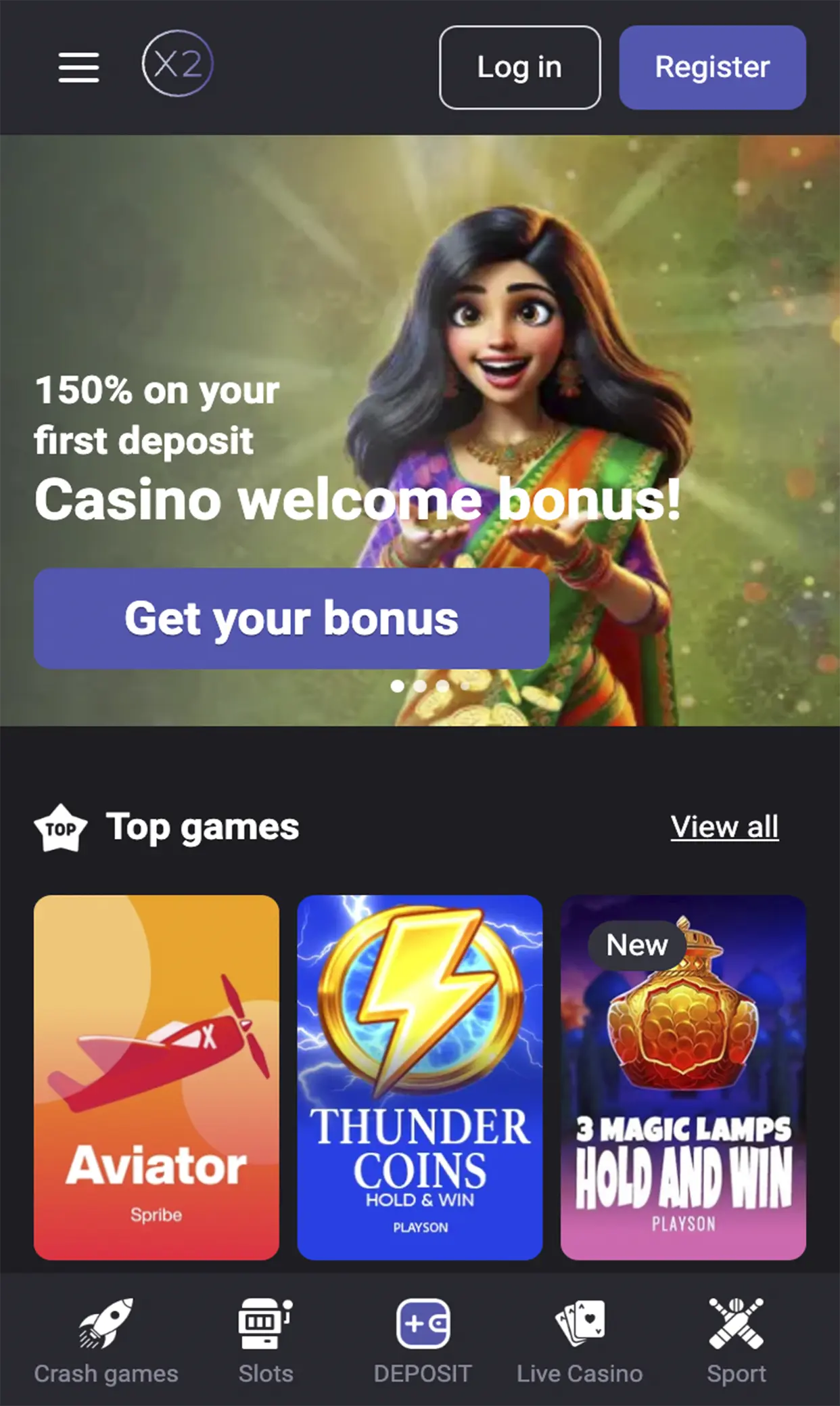 Home page in the X2 casino app.