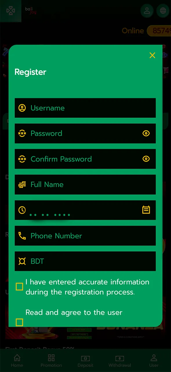 Registration process at the Bajijoy Casino.