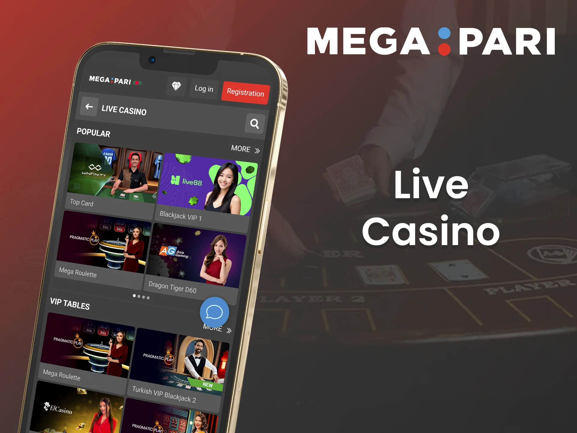 Megapari has a wide selection of live casino games with real dealers.