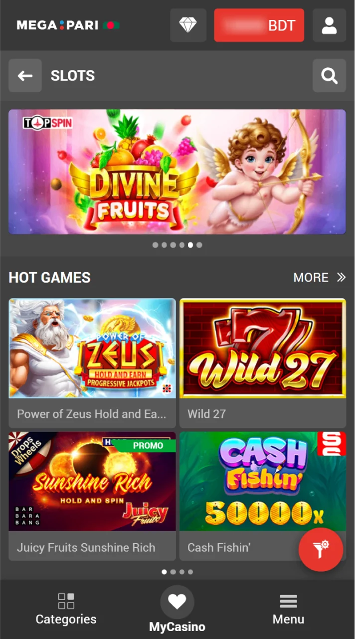 The Megapari app's casino section features a wide selection of games.