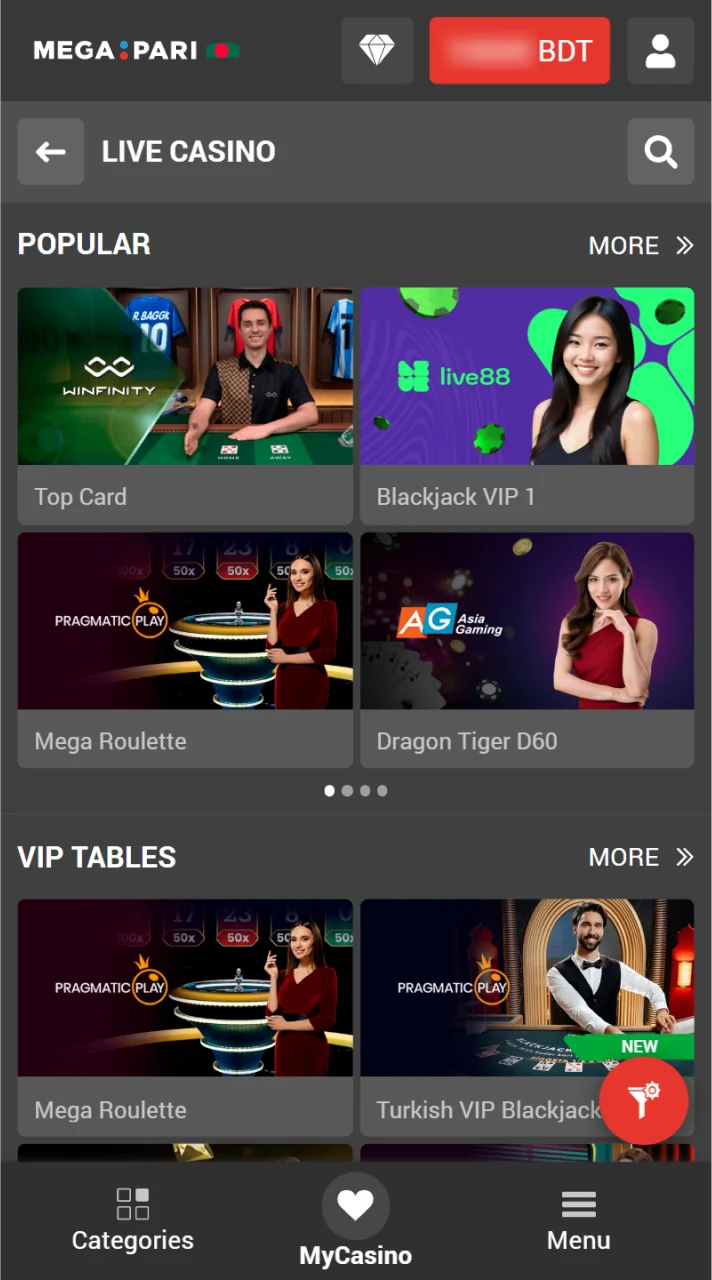 The live casino section of the Megapari app features games hosted by real dealers.