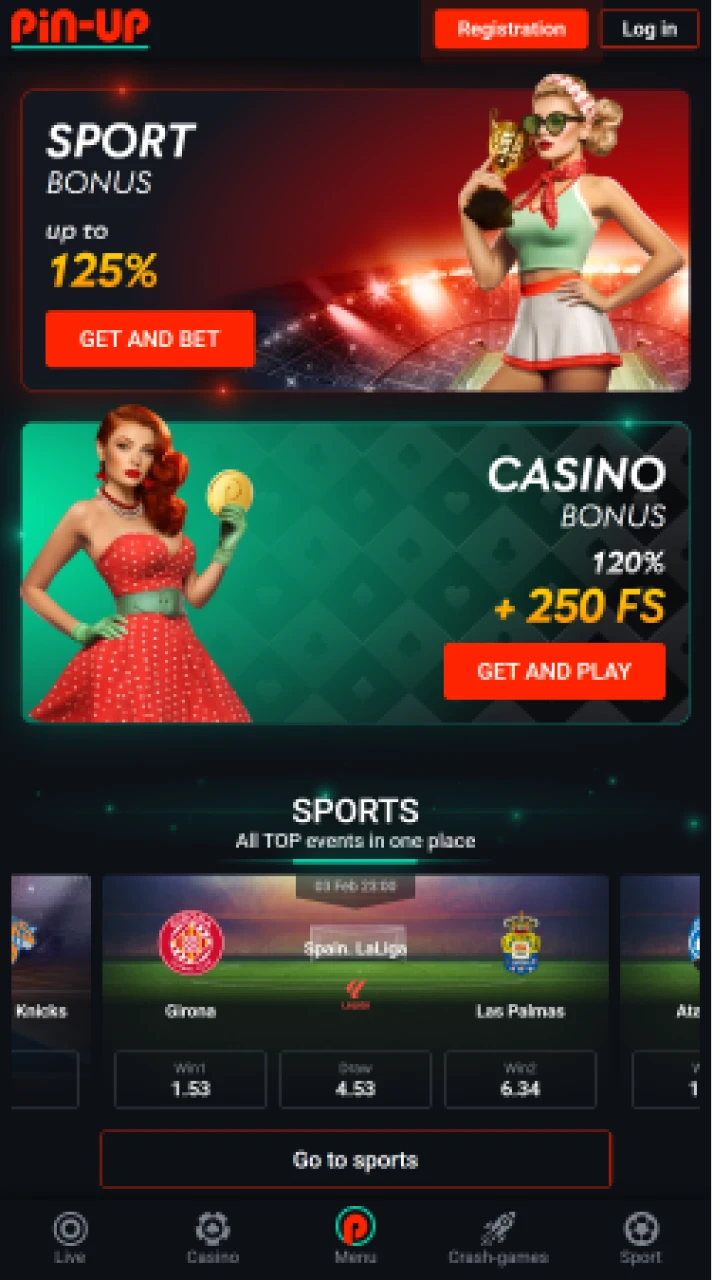 The main screen of the Pin Up casino app is user-friendly.