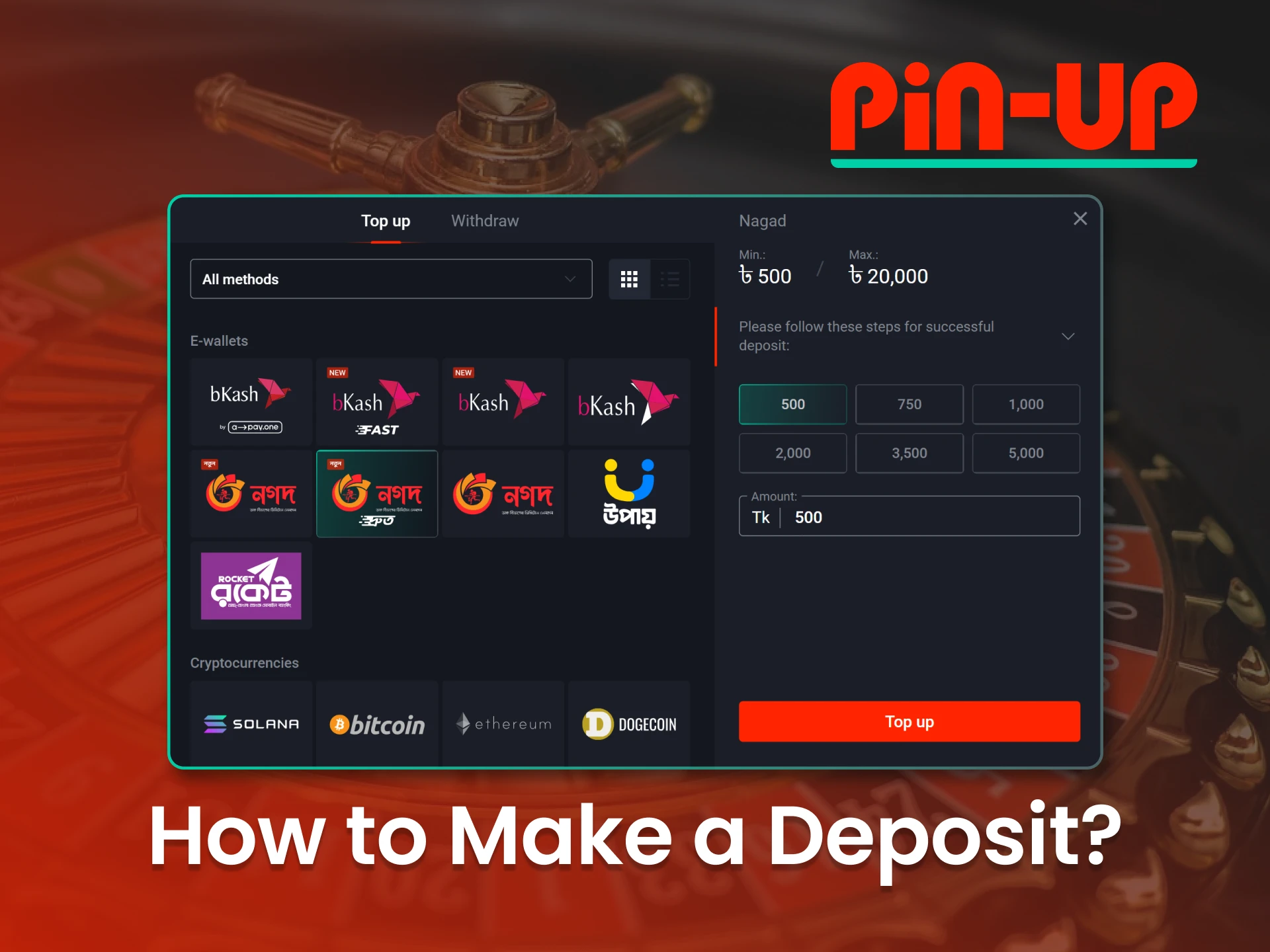 Quickly fund your Pin Up account with payment options available in Bangladesh.